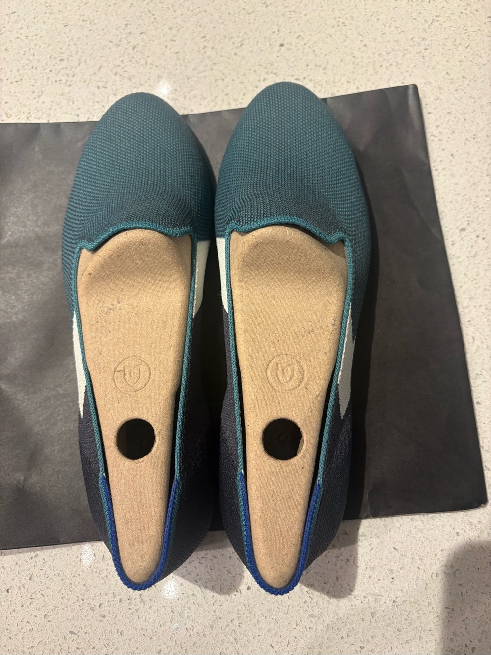 Rothy’s Knit Slip-On Flats in Teal and Navy